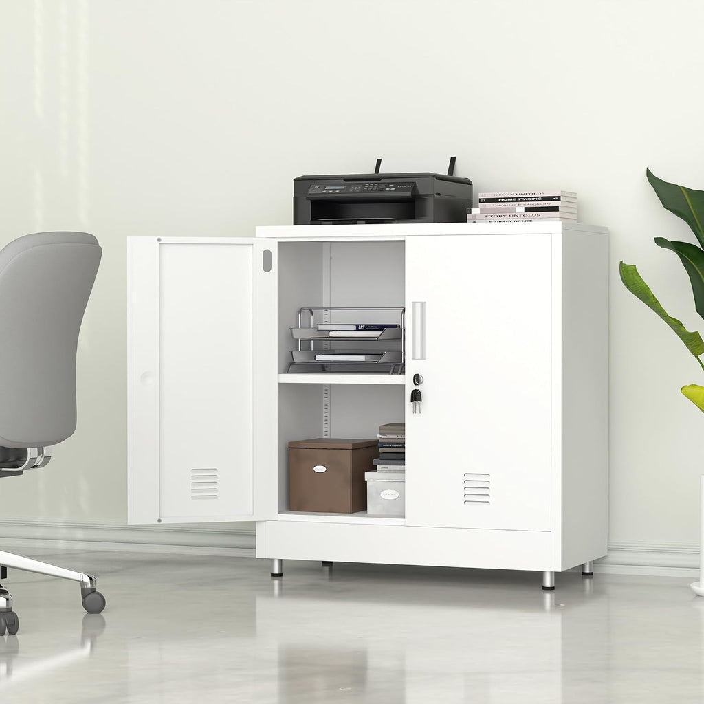 White Lockable Metal Sideboard Cabinet