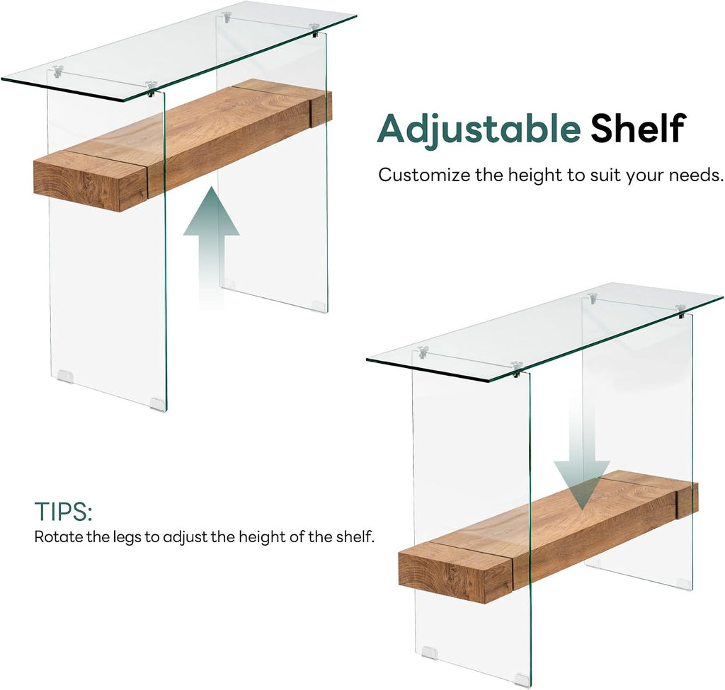 Glass Storage Console Table, Natural Wood