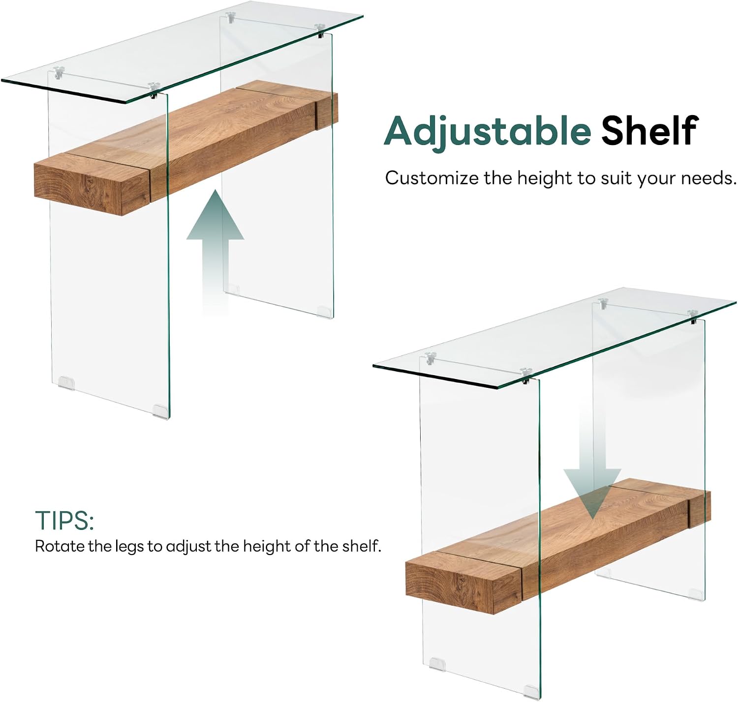 Glass Storage Console Table, Natural Wood