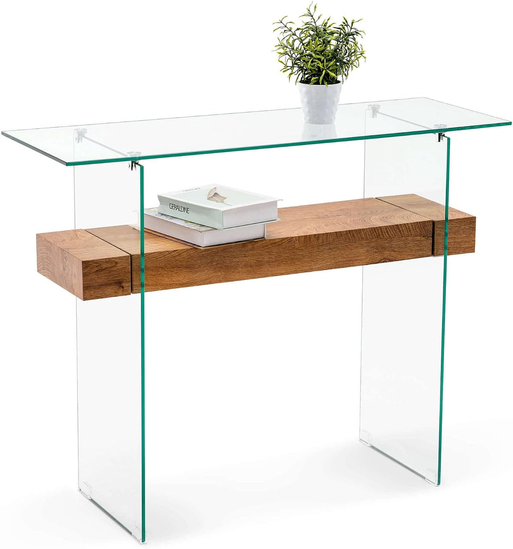 Glass Storage Console Table, Natural Wood