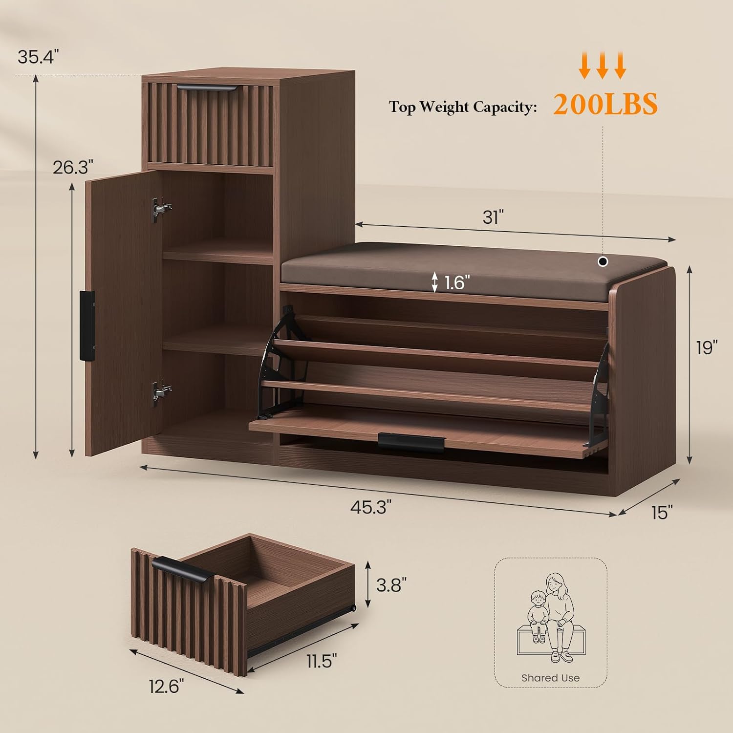 L-Shaped Fluted Shoe Storage Bench