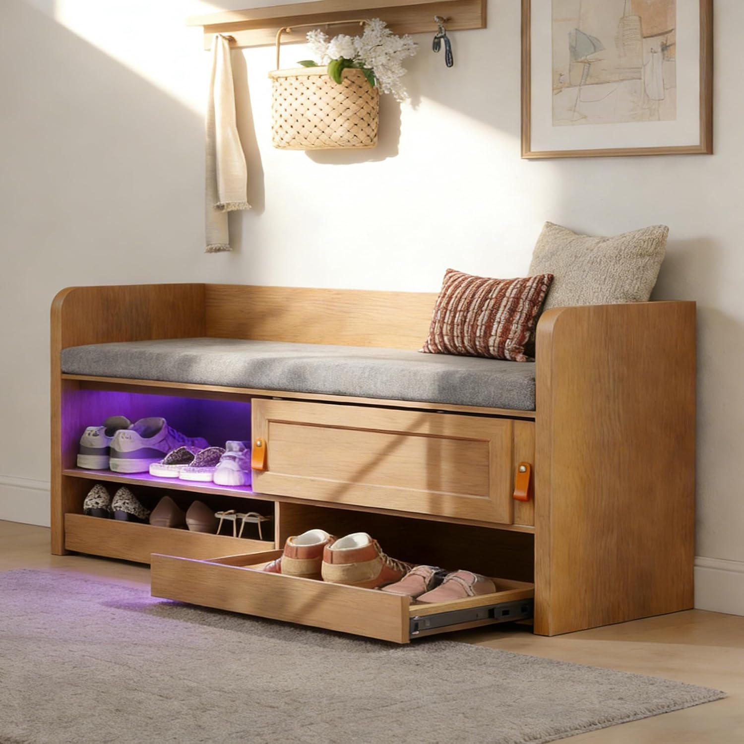 Oak Upholstered Shoe Storage Bench