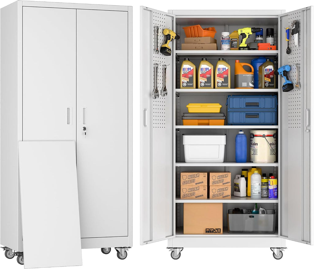 Rolling Lockable Metal Cabinet with Pegboard