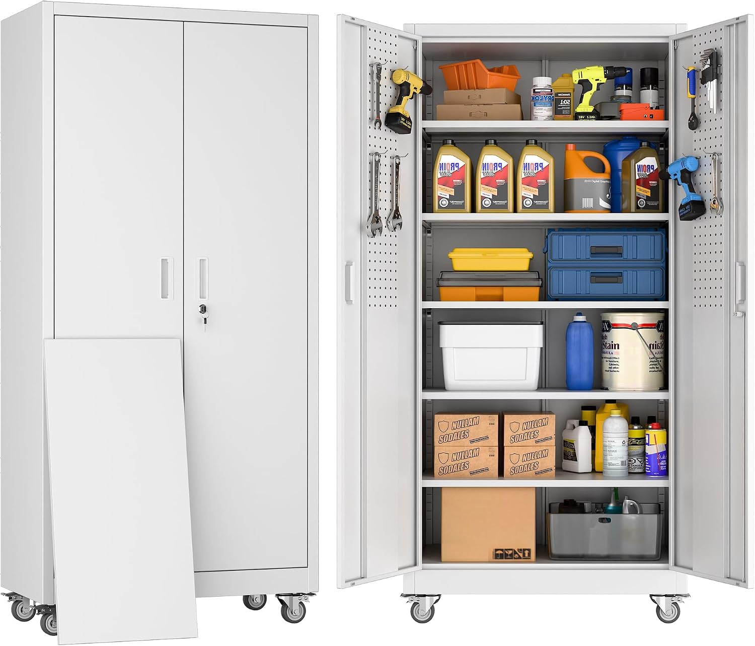 Rolling Lockable Metal Cabinet with Pegboard