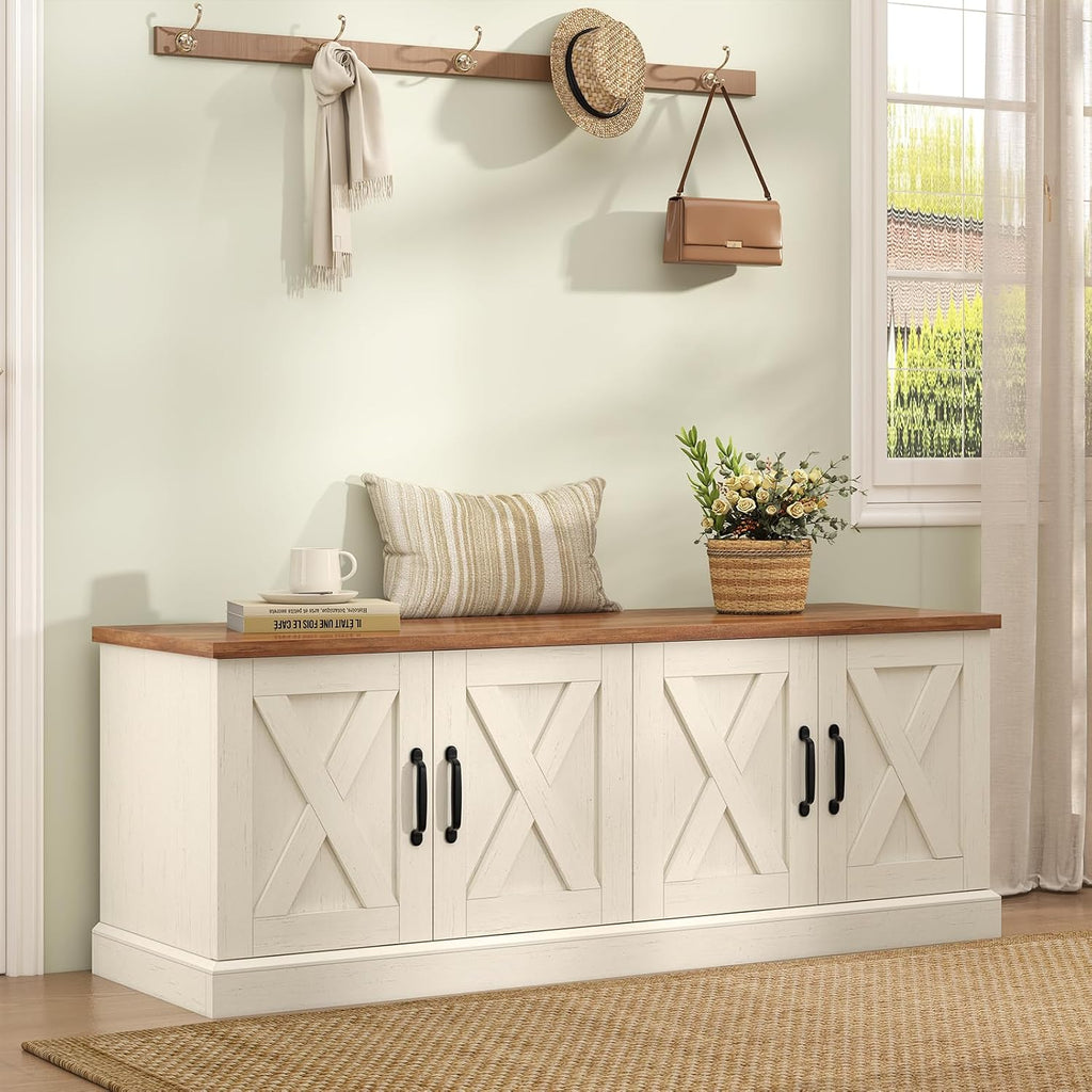 Farmhouse Shoe Storage Bench with Doors