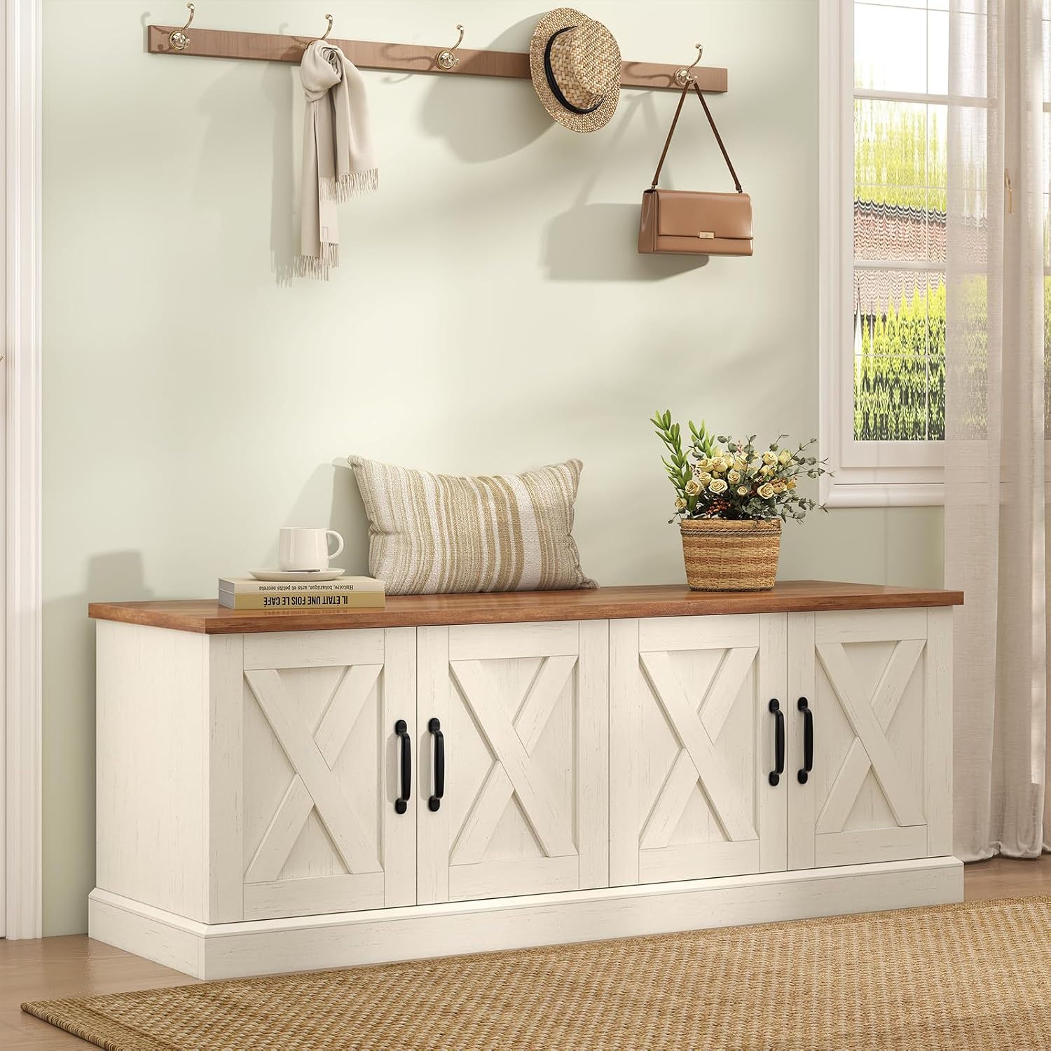 Farmhouse Shoe Storage Bench with Doors