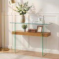 Glass Storage Console Table, Natural Wood