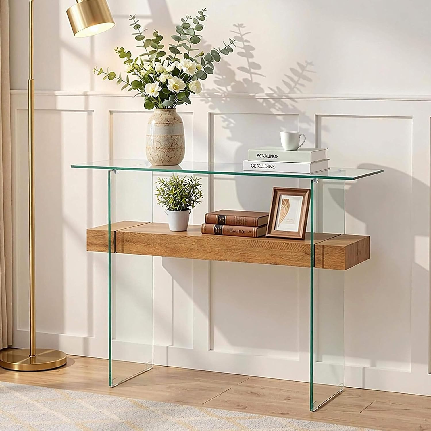 Glass Storage Console Table, Natural Wood