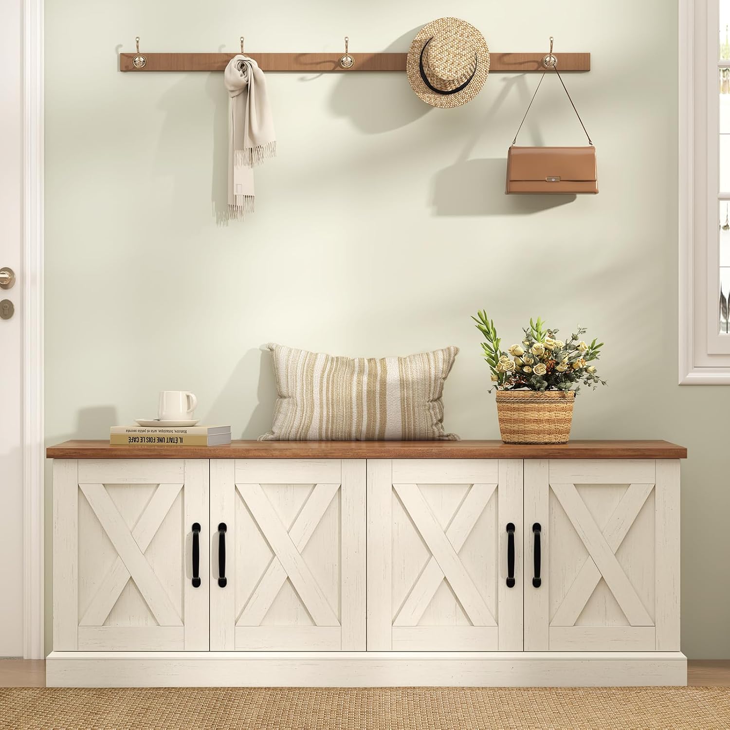 Farmhouse Shoe Storage Bench with Doors