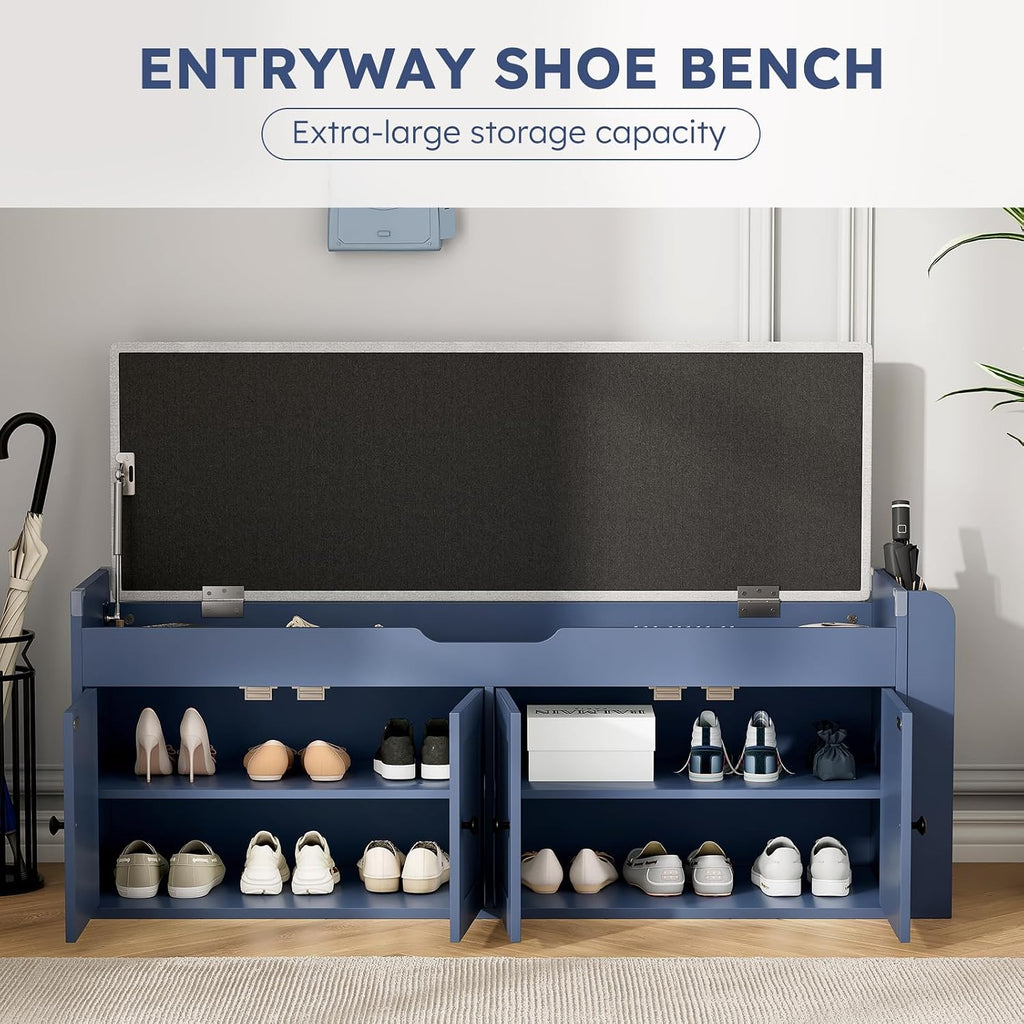 Cushioned Shoe Storage Bench with Doors