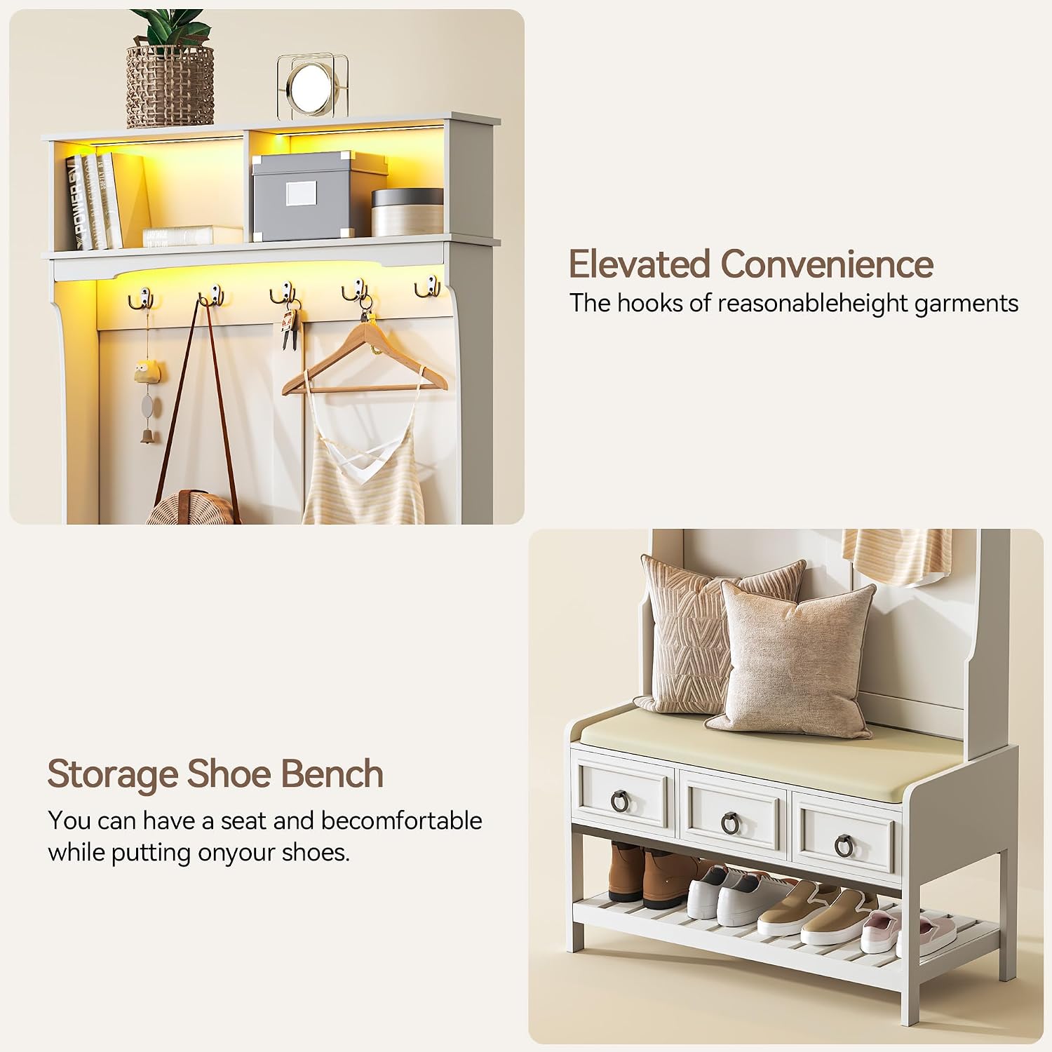 LED Farmhouse Hall Tree Bench