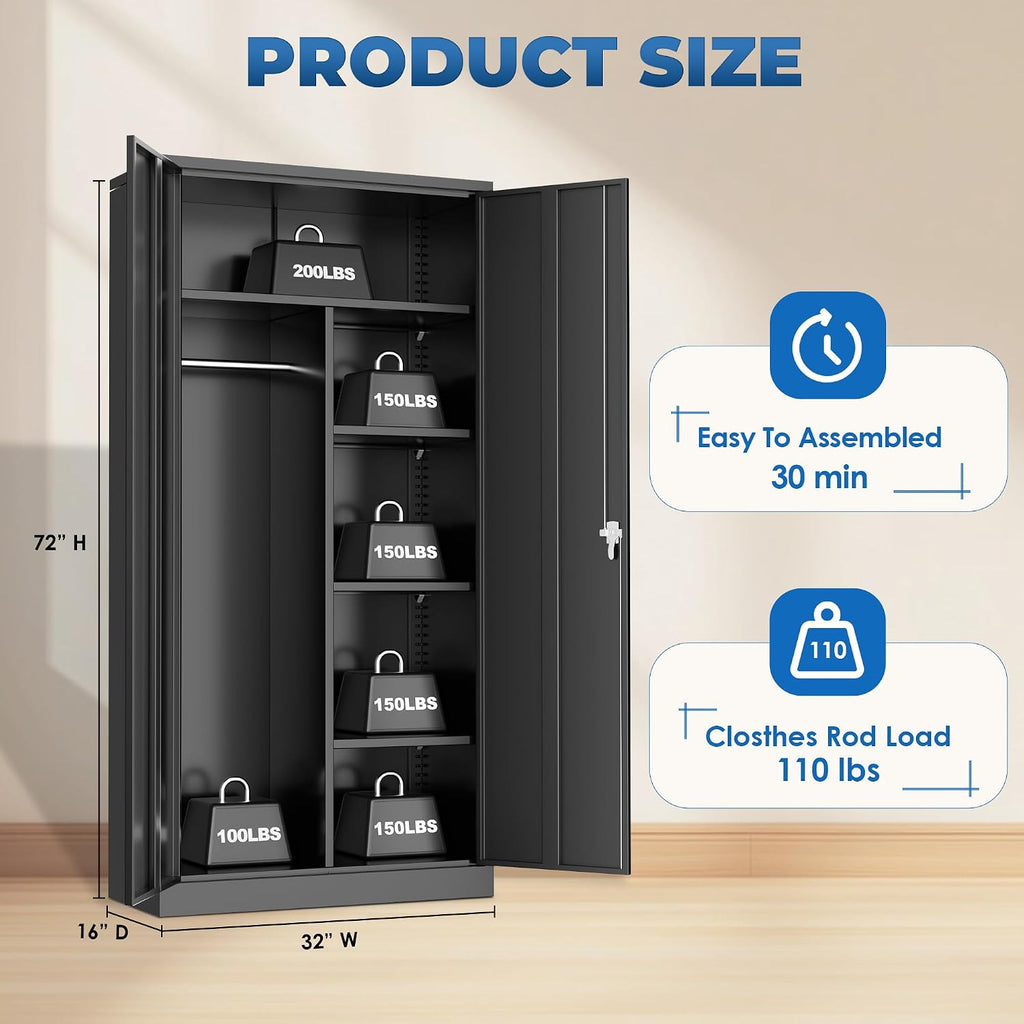 Black Lockable Metal Wardrobe Cabinet