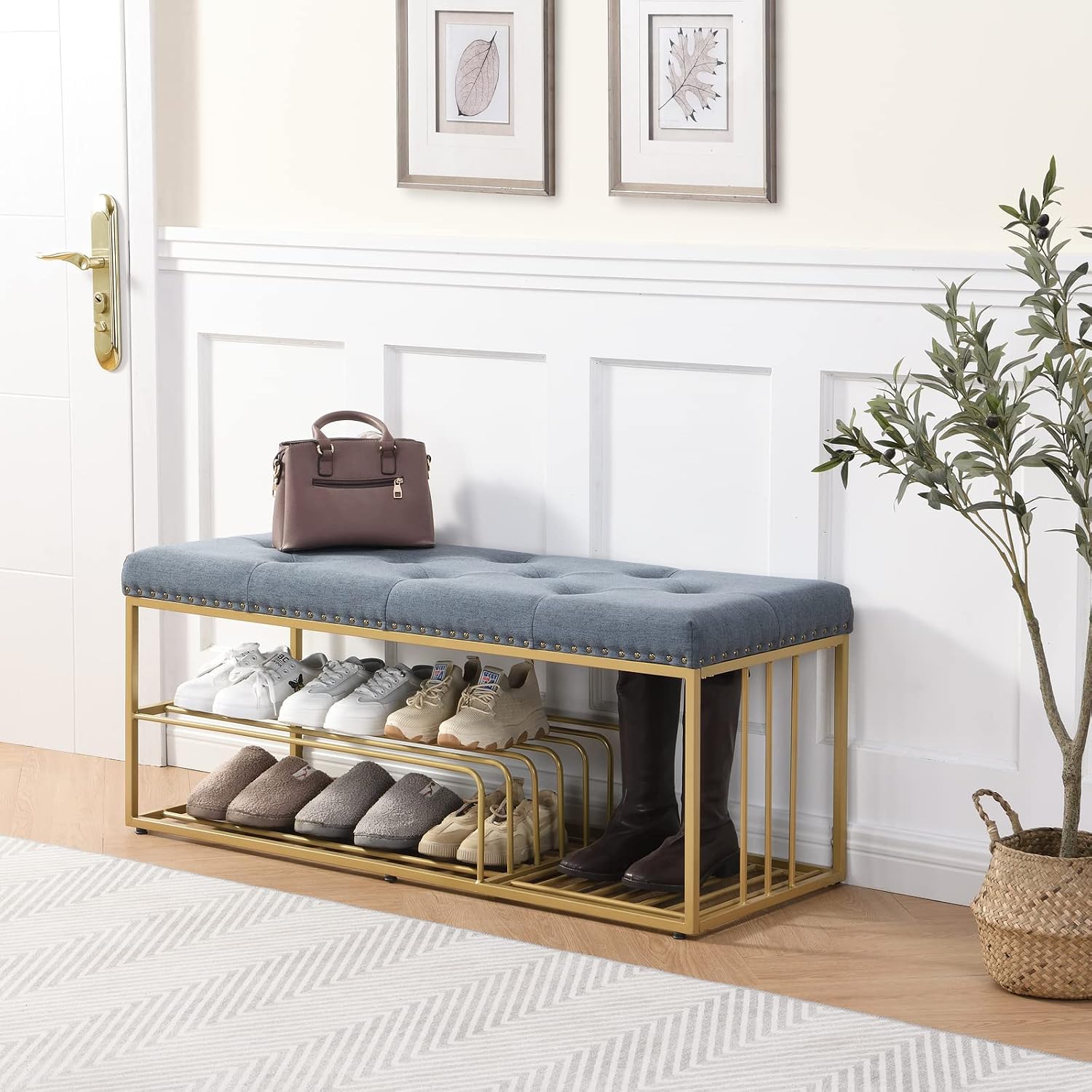 Linen Upholstered Shoe Storage Bench