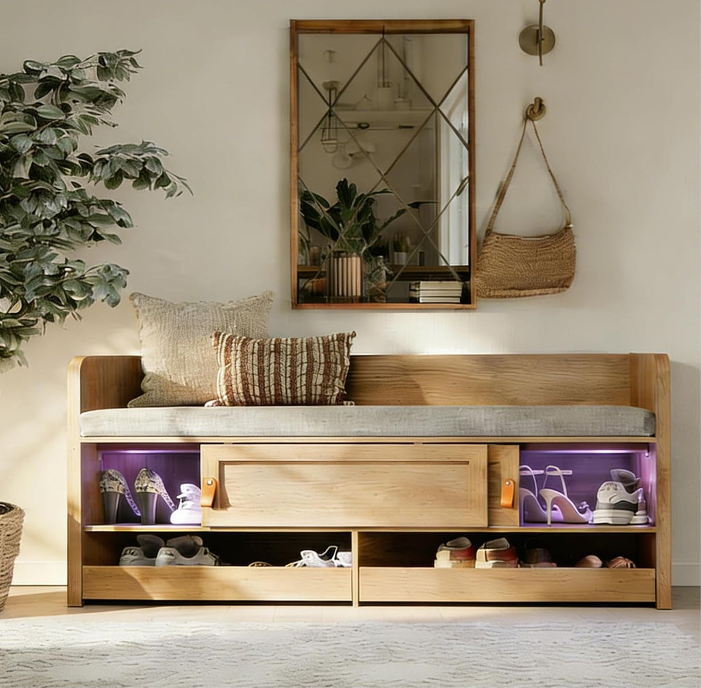 Oak Upholstered Shoe Storage Bench
