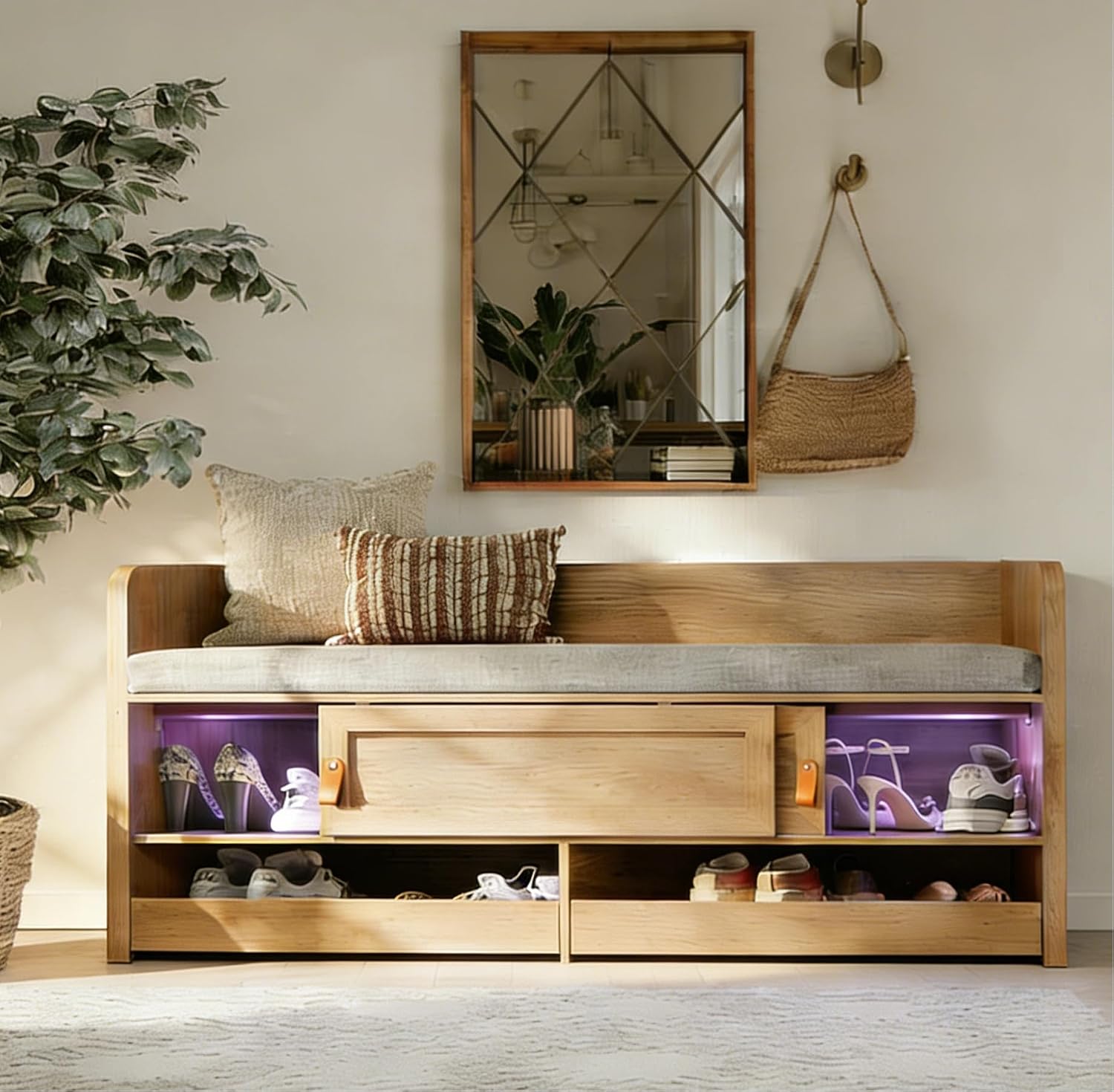 Oak Upholstered Shoe Storage Bench