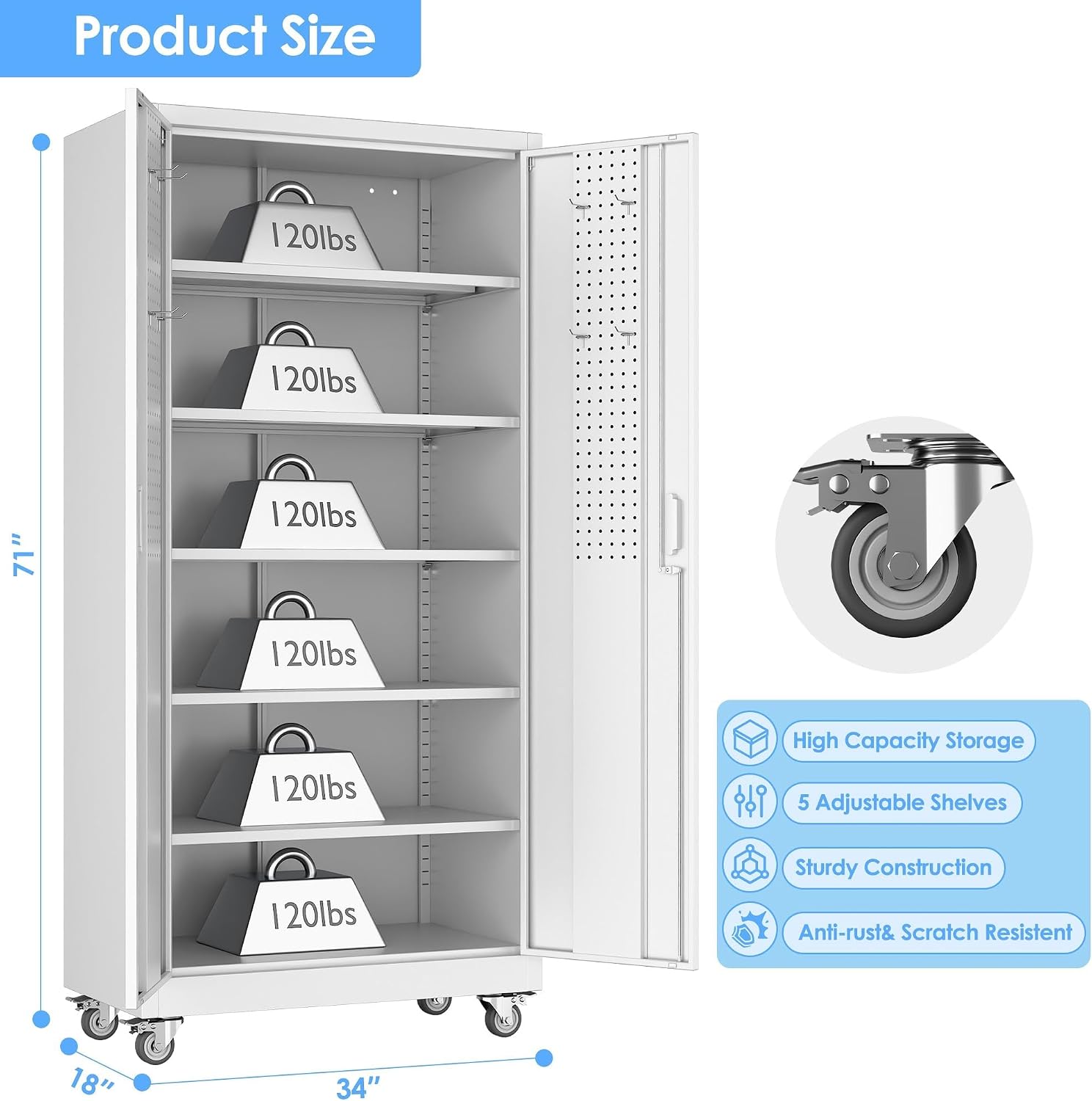 Rolling Lockable Metal Cabinet with Pegboard