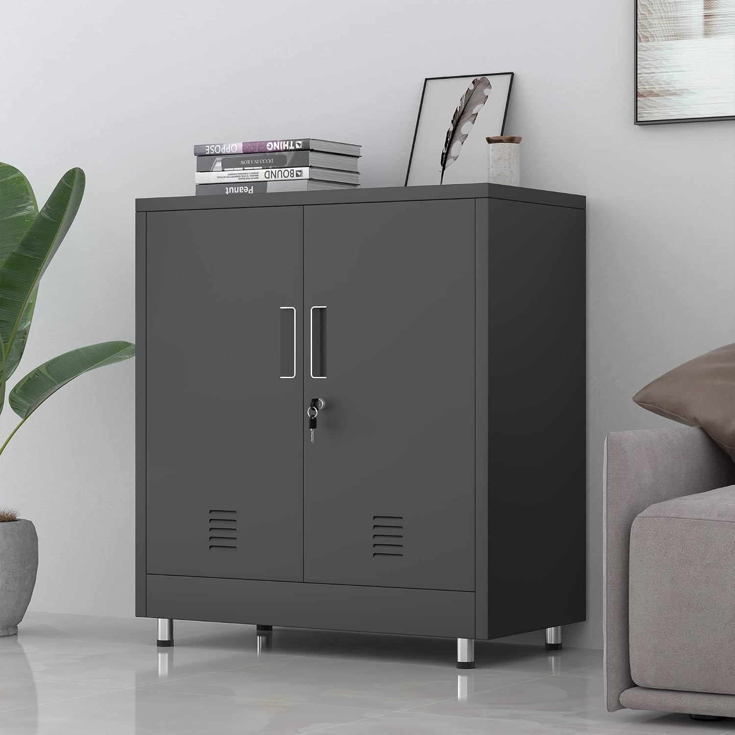 Black Lockable Metal Sideboard Cabinet