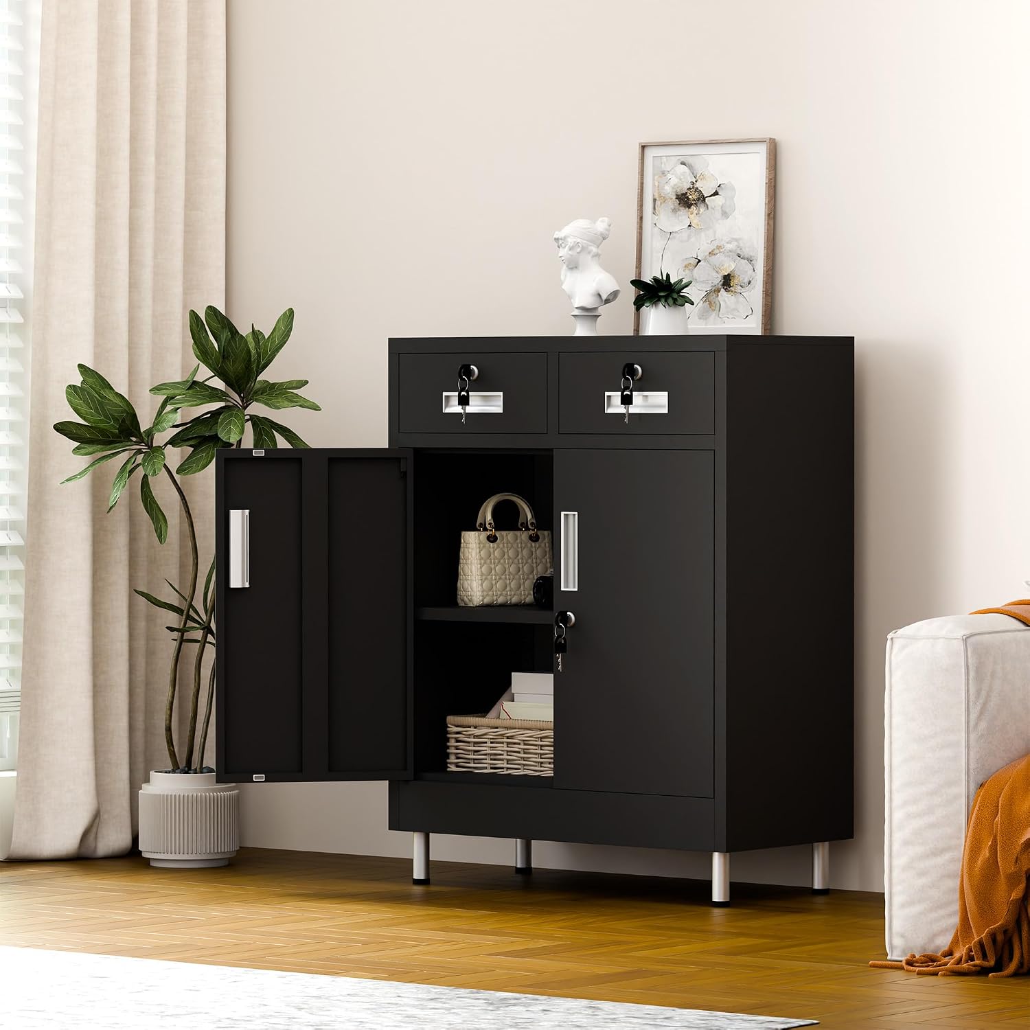 Black Lockable Metal Cabinet with Drawers