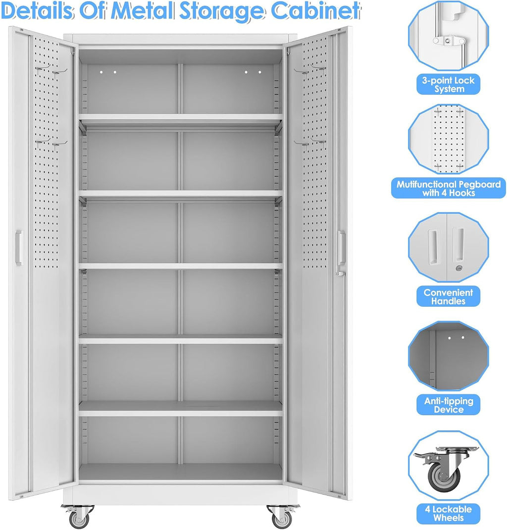 Rolling Lockable Metal Cabinet with Pegboard