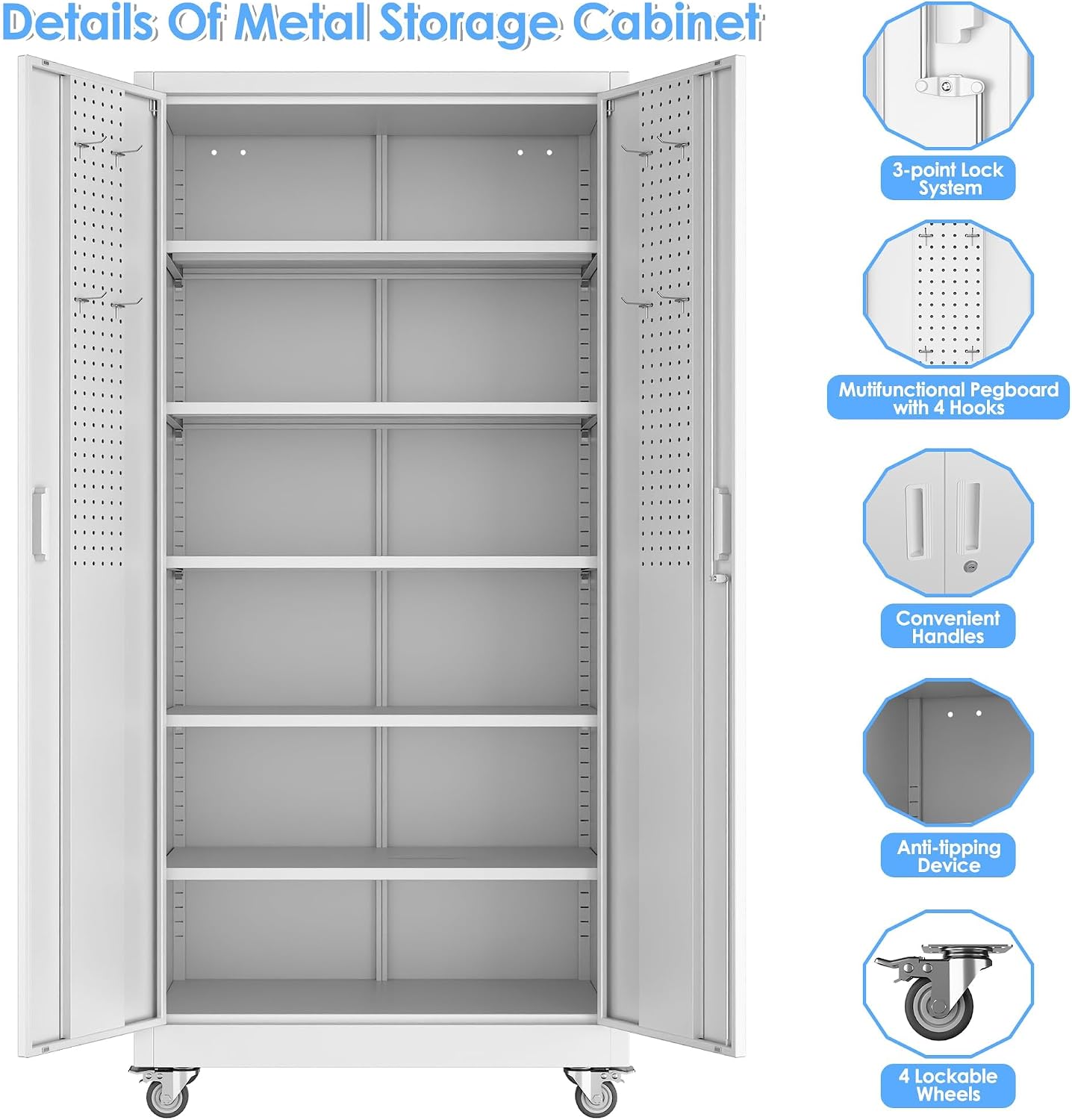 Rolling Lockable Metal Cabinet with Pegboard