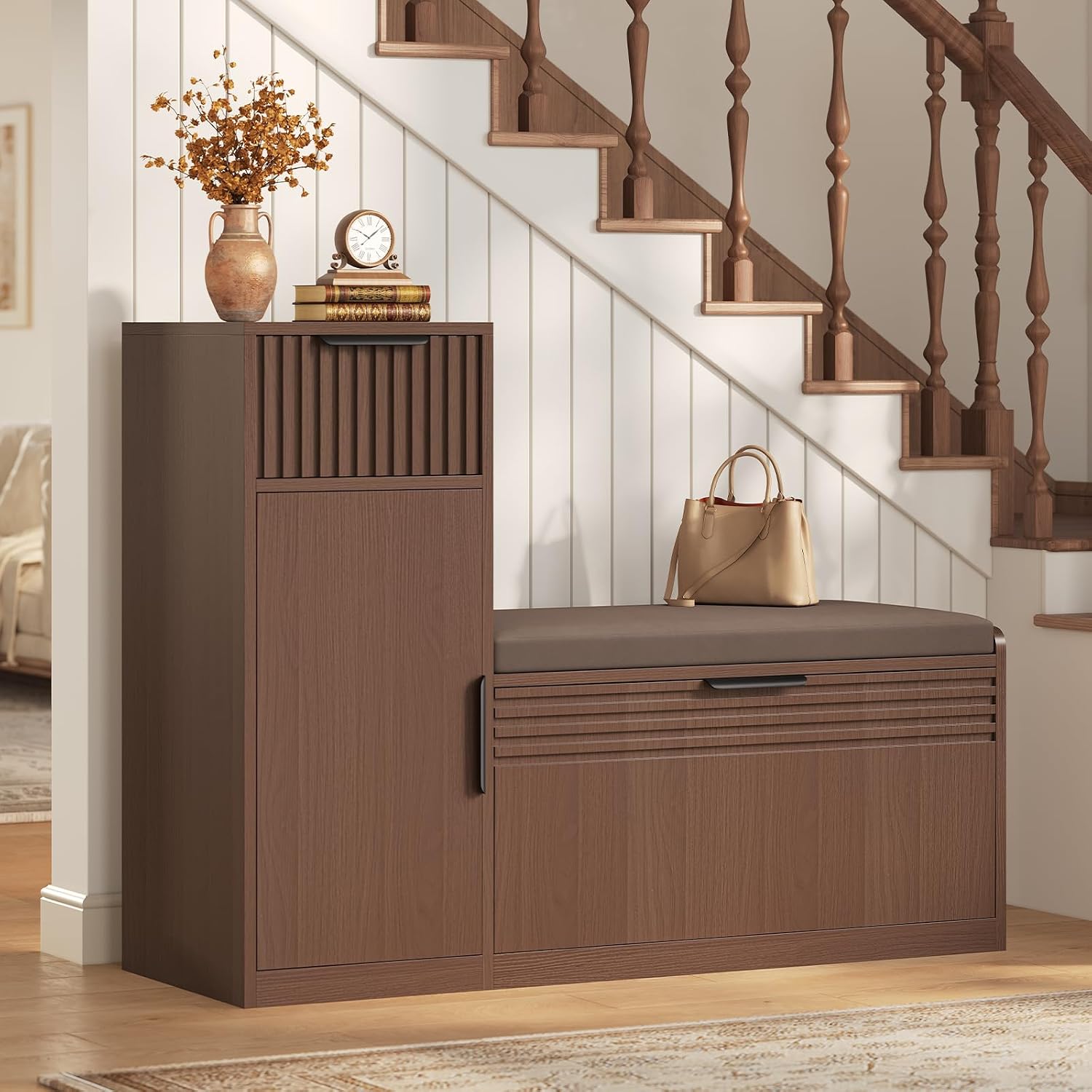 L-Shaped Fluted Shoe Storage Bench