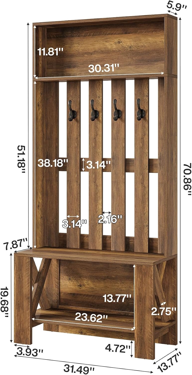 Wooden Farmhouse Hall Tree Bench