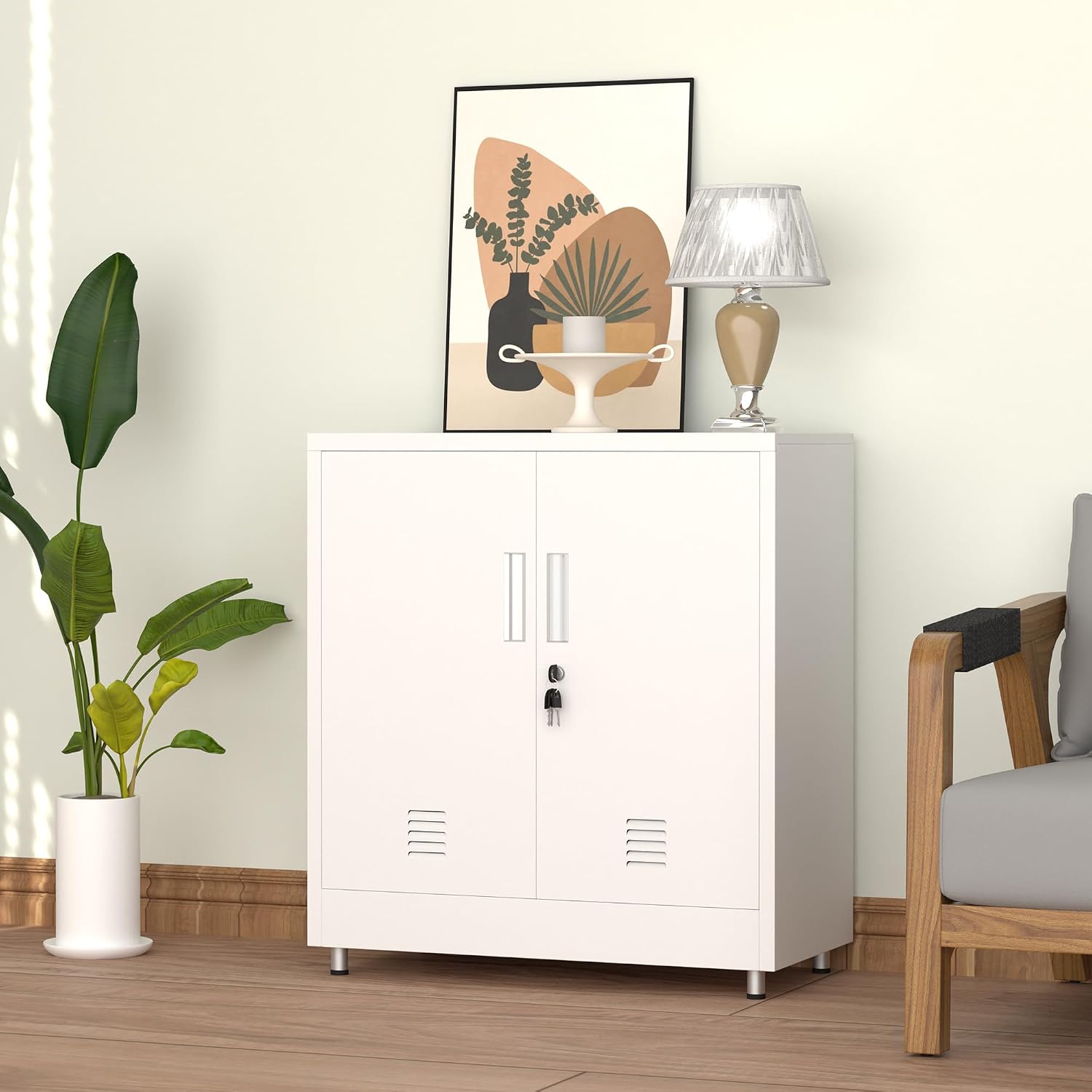 White Lockable Metal Sideboard Cabinet