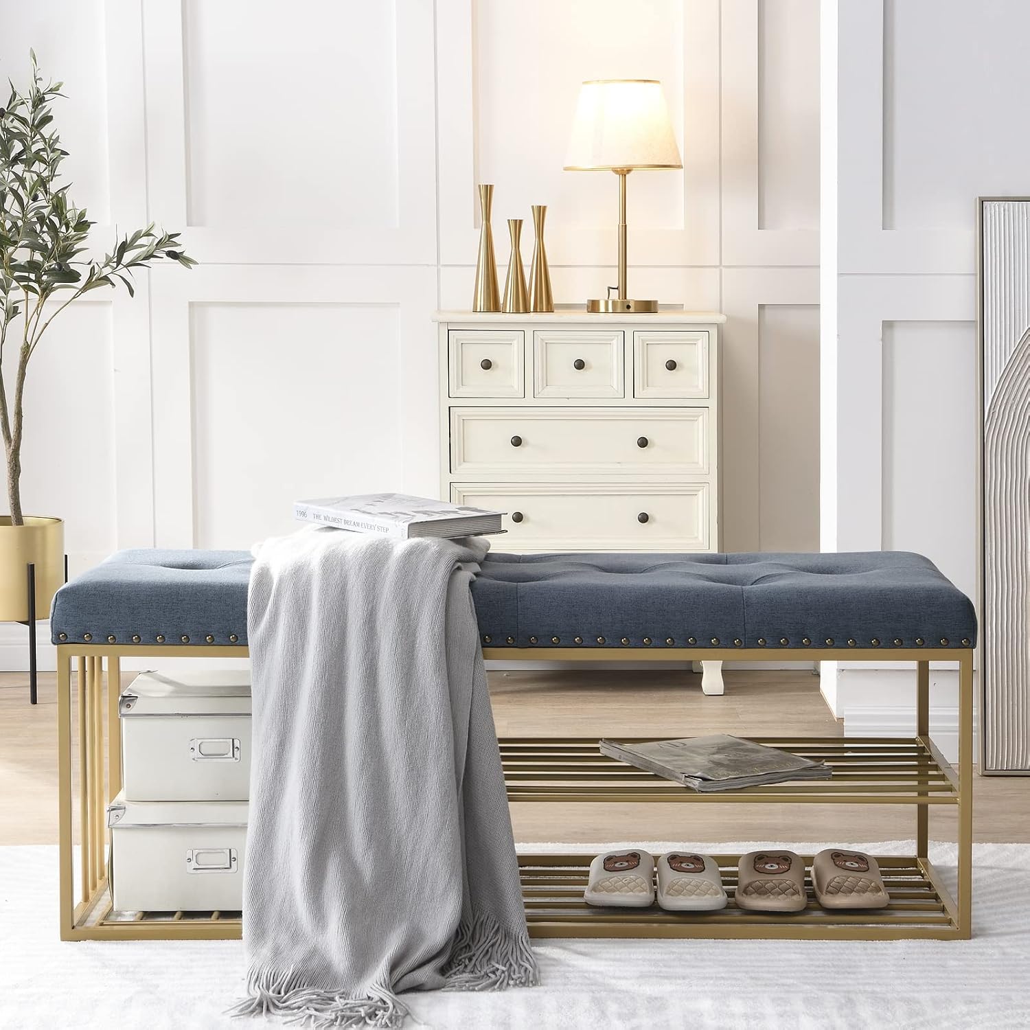 Linen Upholstered Shoe Storage Bench