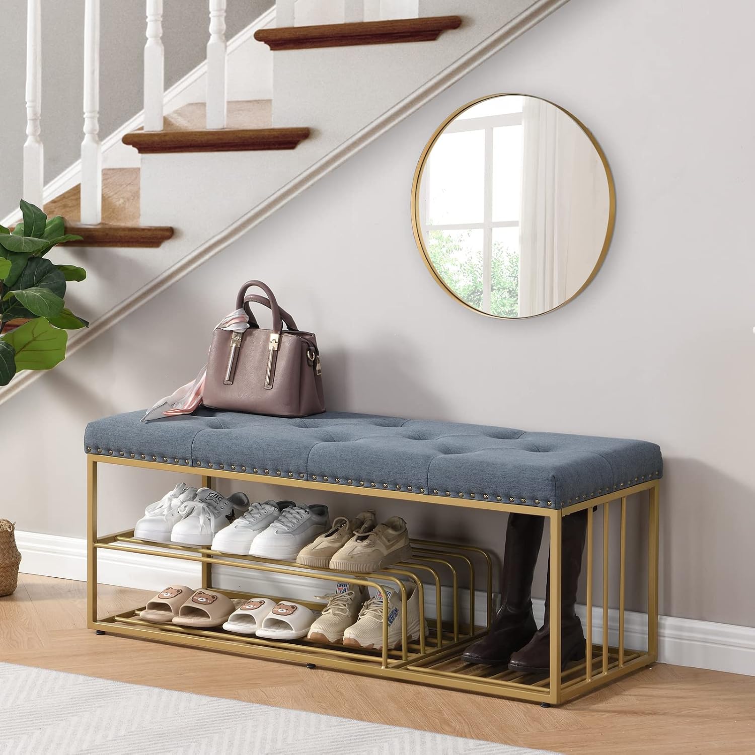 Linen Upholstered Shoe Storage Bench