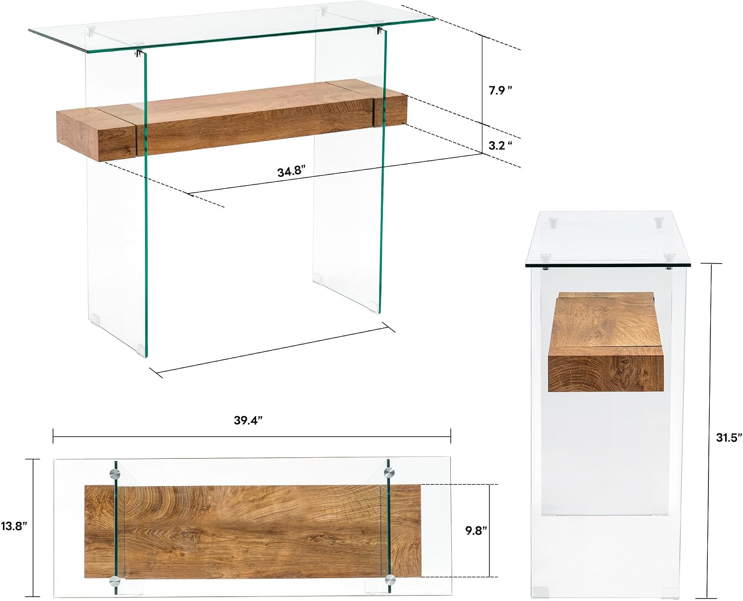 Glass Storage Console Table, Natural Wood