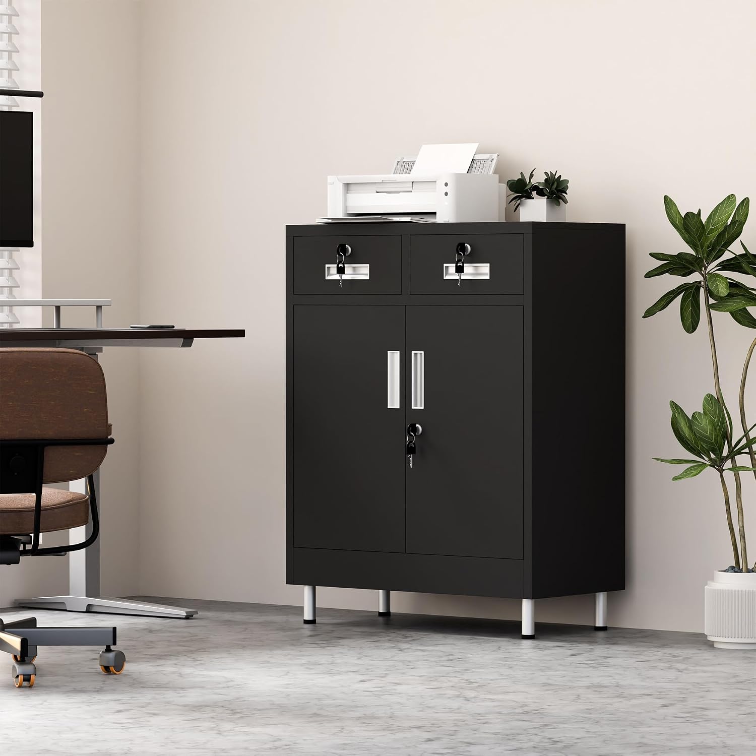 Black Lockable Metal Cabinet with Drawers