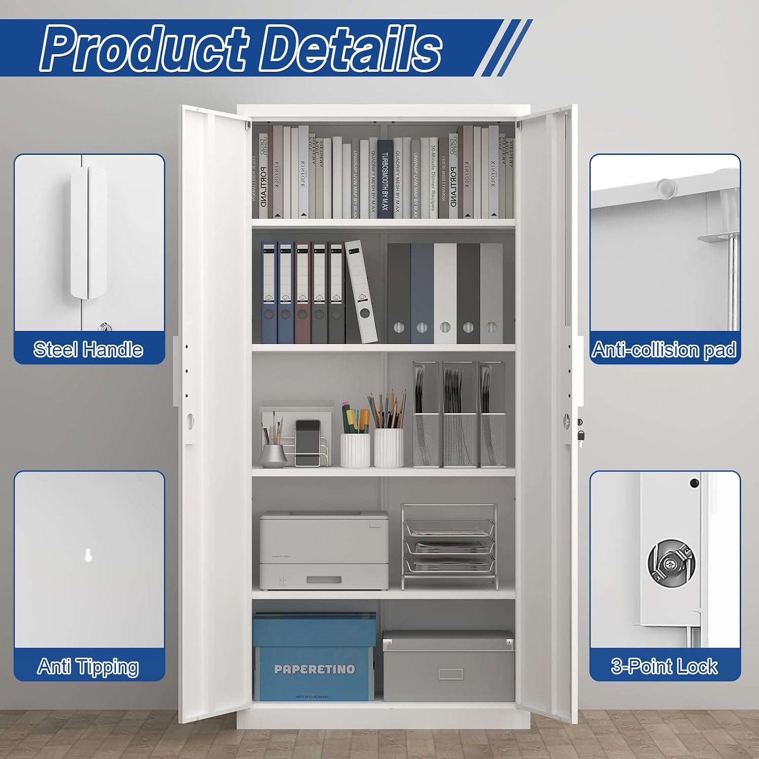 White Lockable Metal Garage Storage Cabinet