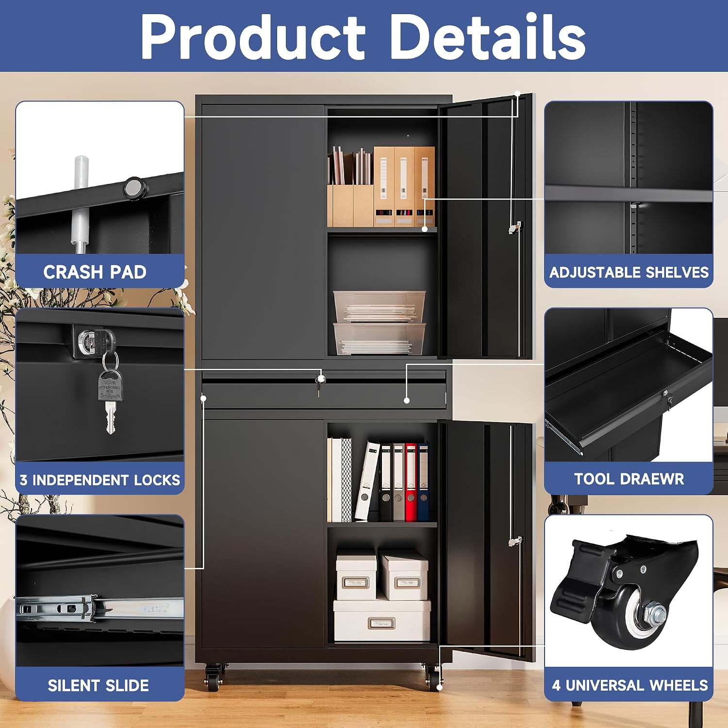 Black Wheeled Lockable Metal Cabinet