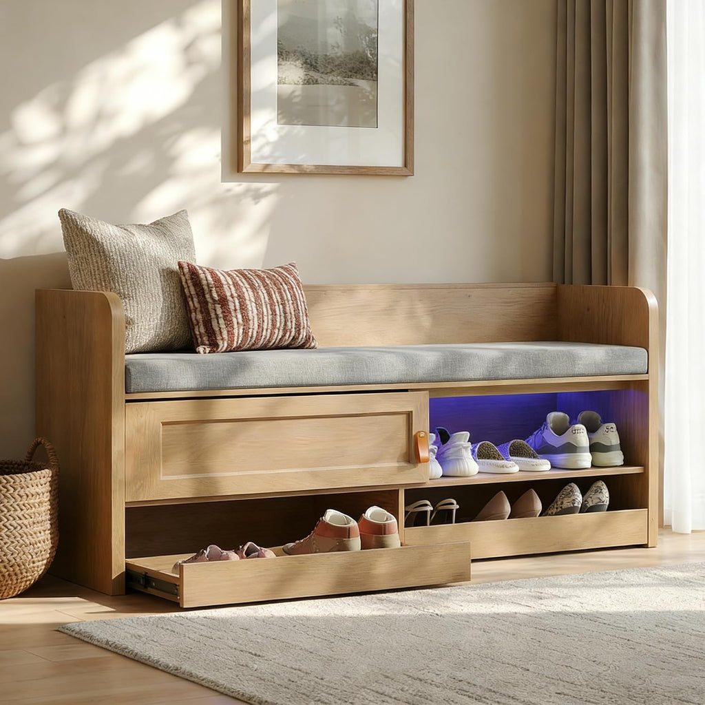 Oak Upholstered Shoe Storage Bench