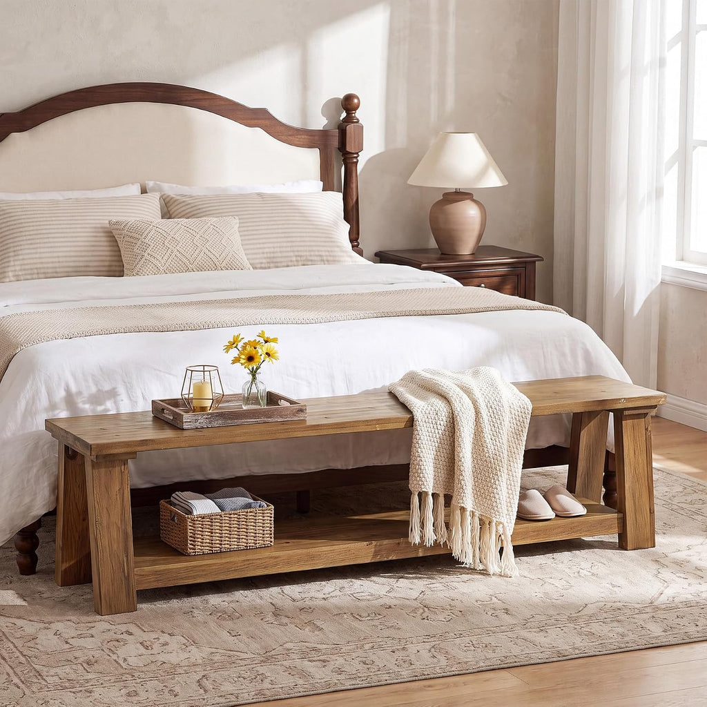 Solid Wood 2-Tier Shoe Bench