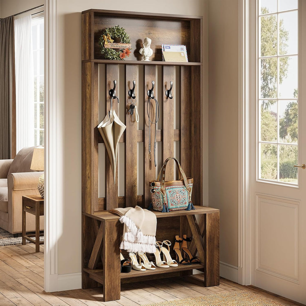 Wooden Farmhouse Hall Tree Bench