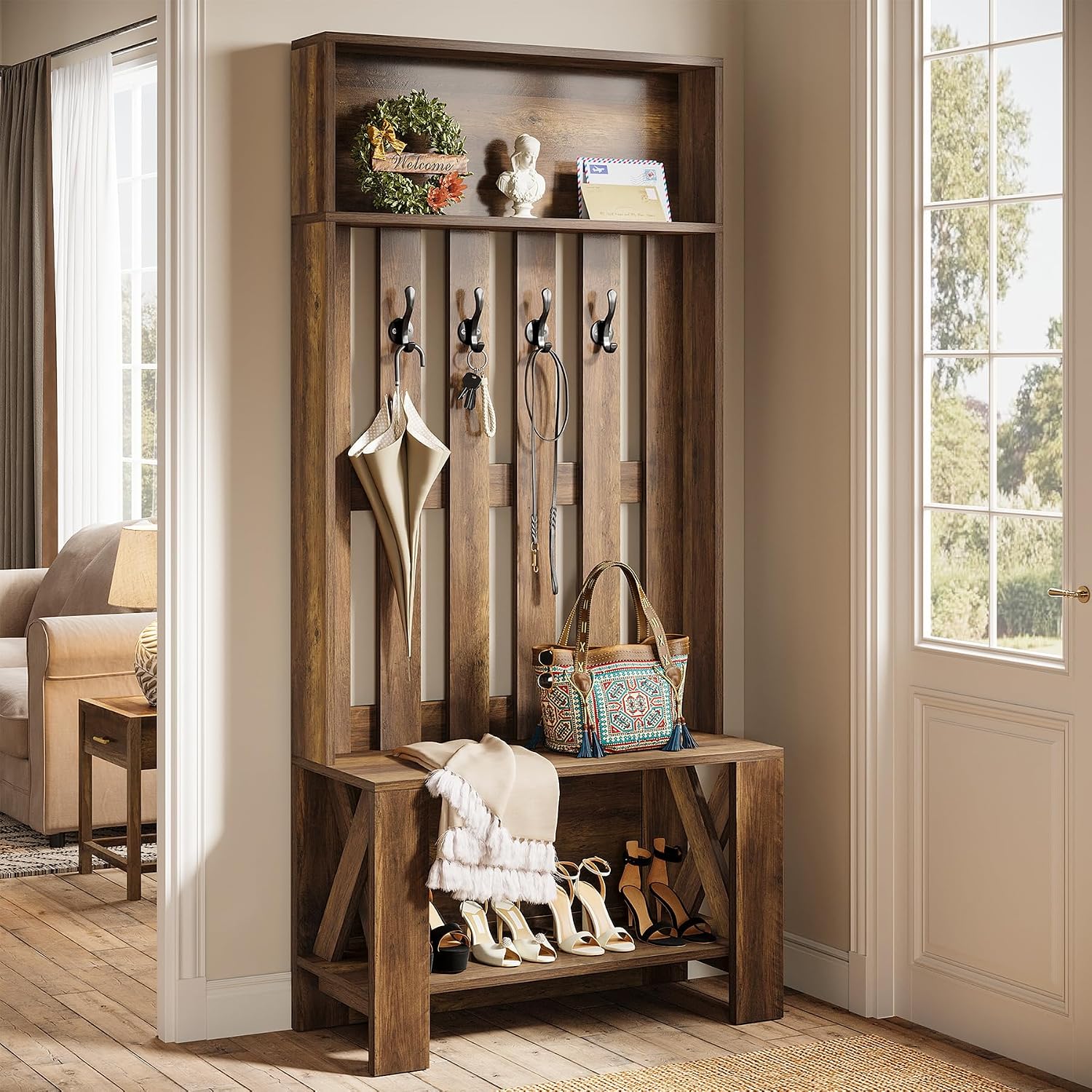 Wooden Farmhouse Hall Tree Bench
