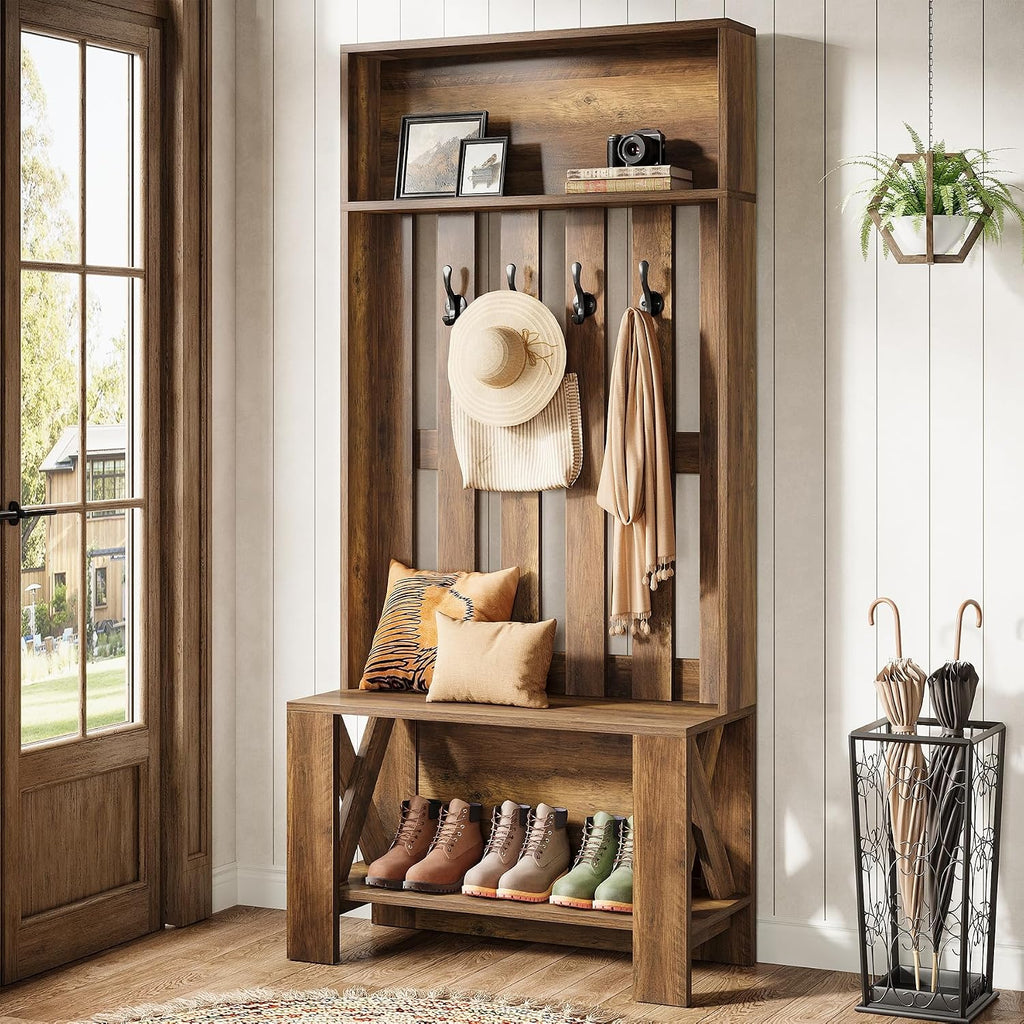 Wooden Farmhouse Hall Tree Bench