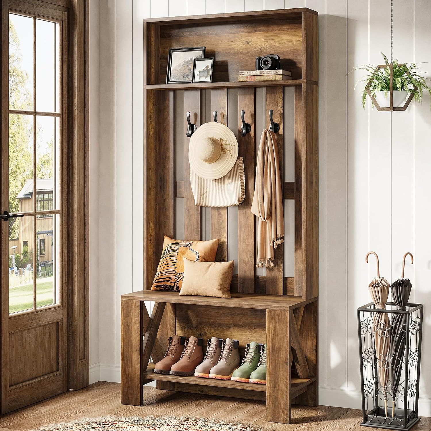 Wooden Farmhouse Hall Tree Bench
