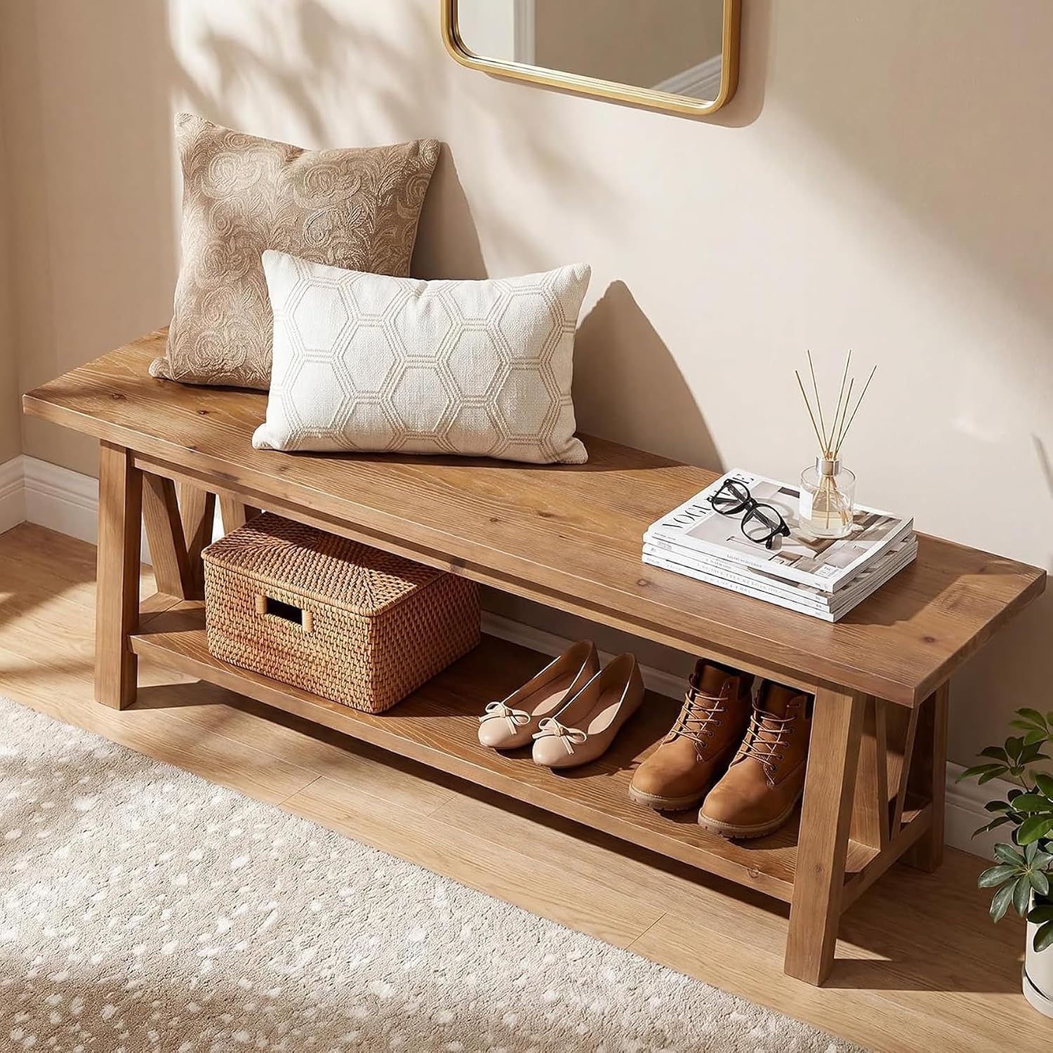 Solid Wood Farmhouse Shoe Bench