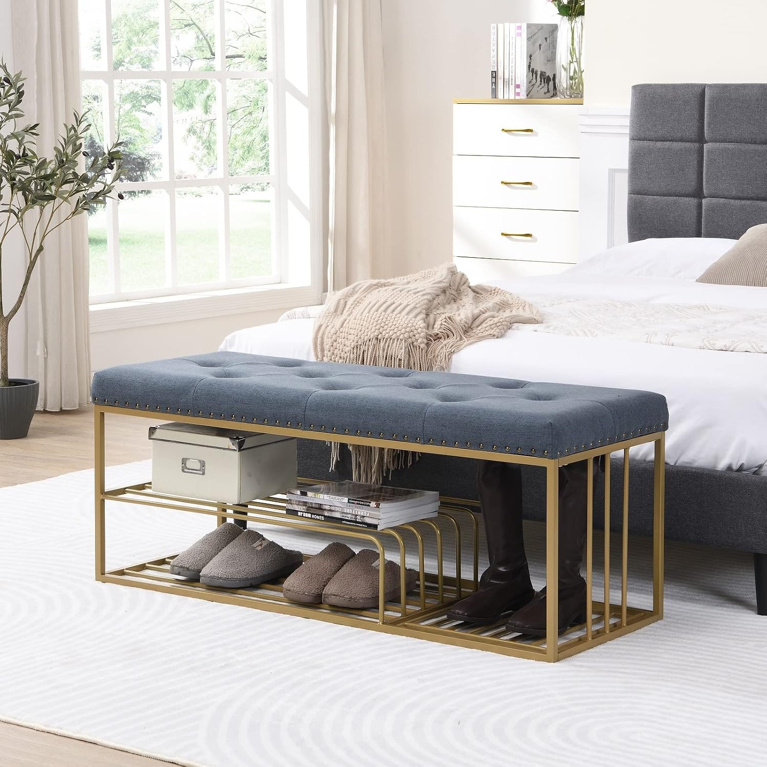 Linen Upholstered Shoe Storage Bench