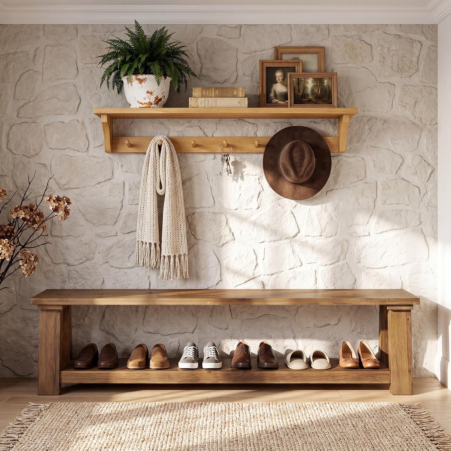Solid Wood 2-Tier Shoe Bench