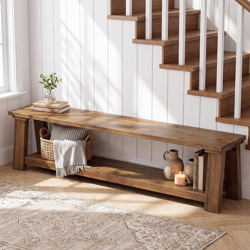 Solid Wood 2-Tier Shoe Bench