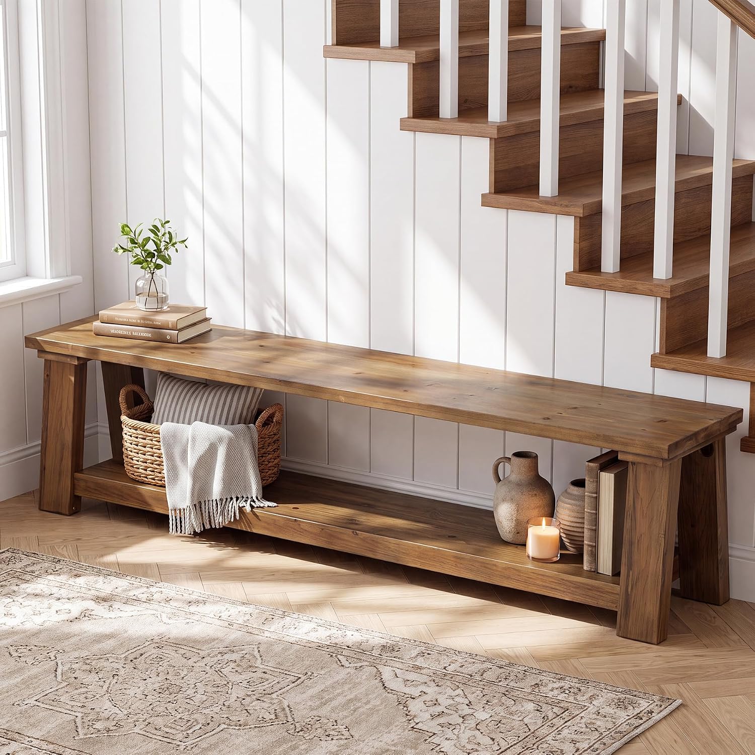 Solid Wood 2-Tier Shoe Bench