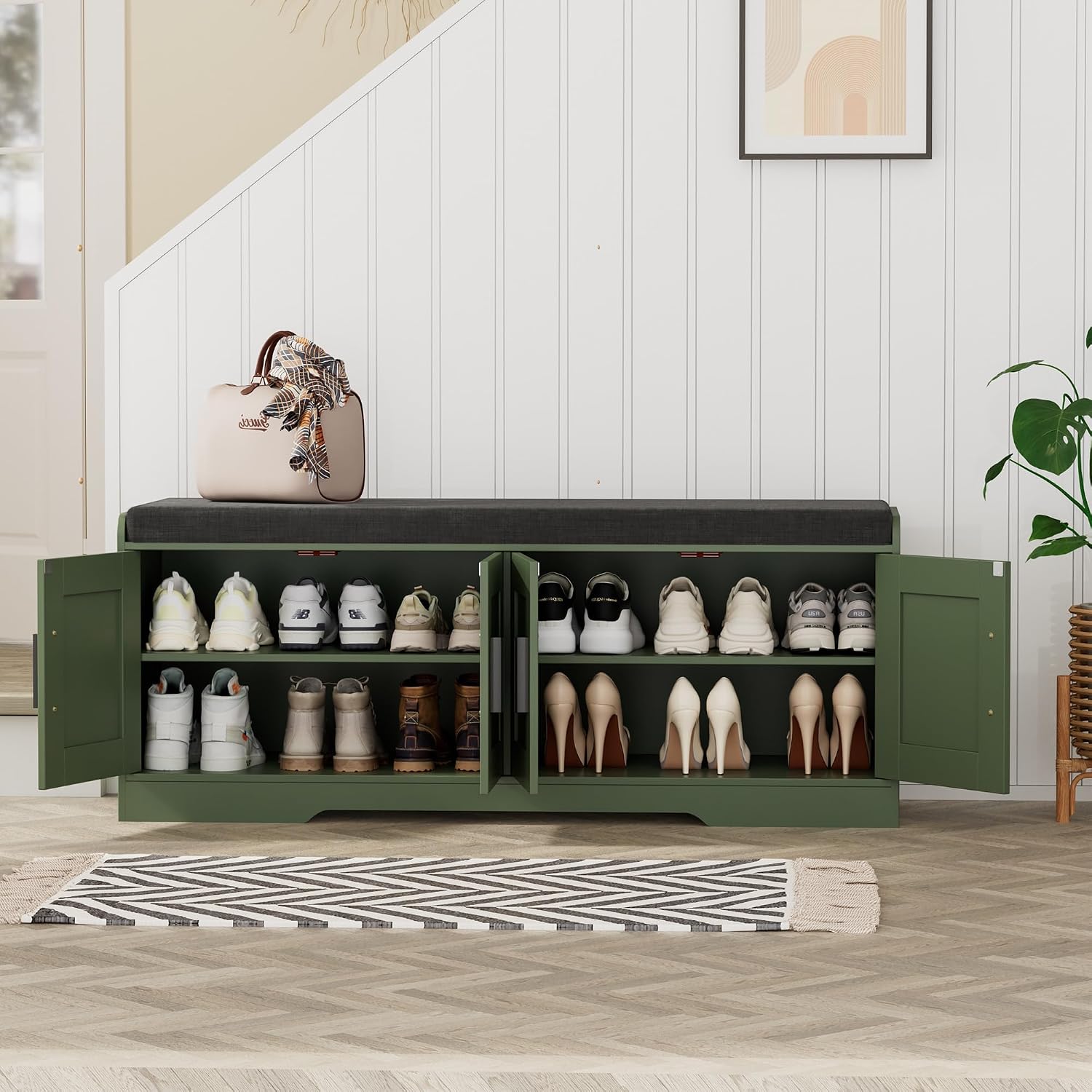Padded Shoe Storage Bench with 4 Doors