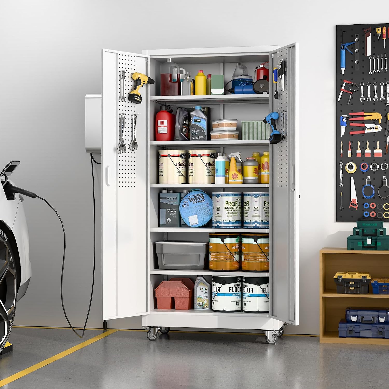 Rolling Lockable Metal Cabinet with Pegboard