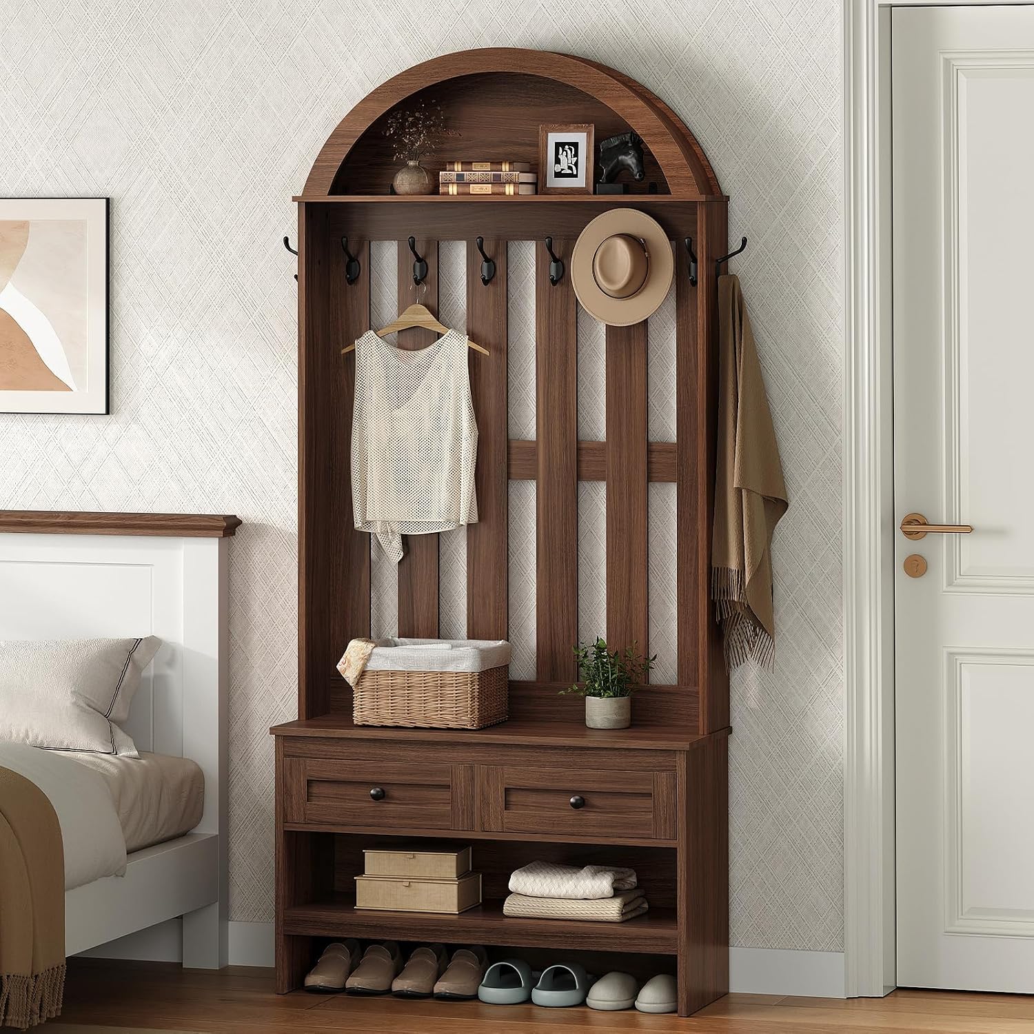 Arched Hall Tree Shoe Bench Walnut