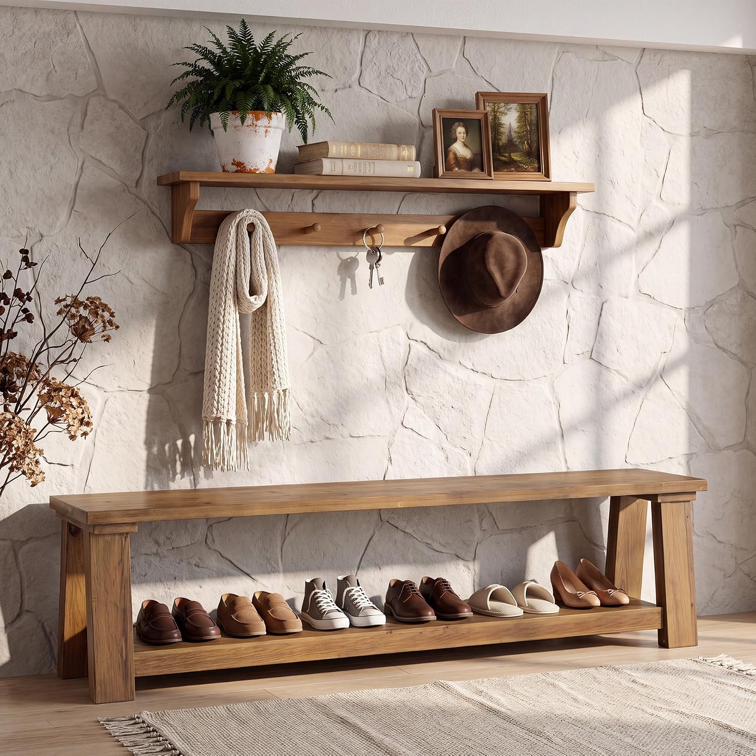 Solid Wood 2-Tier Shoe Bench