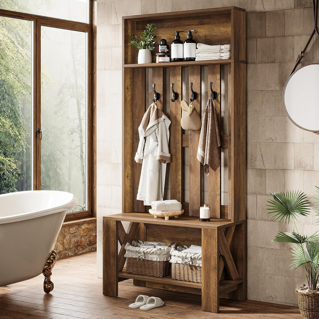 Wooden Farmhouse Hall Tree Bench