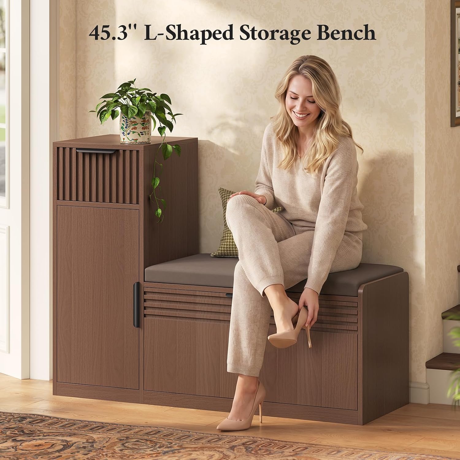 L-Shaped Fluted Shoe Storage Bench